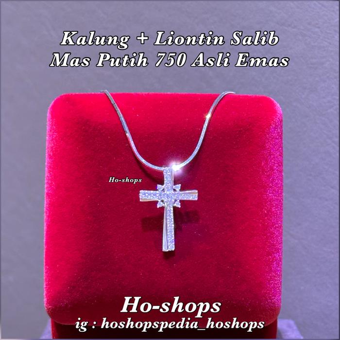 Kalung + Liontin Salib Simple Mas Putih Kadar 750 Asli Emas