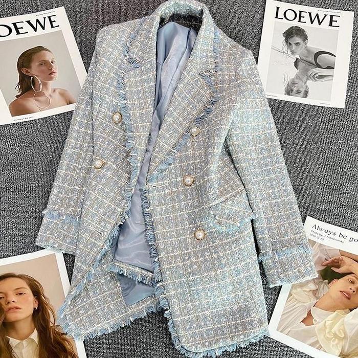 Nikmati The0Ne_ Size (L-Xl-2Xl-4Xl) Lake Blue V Neck Long Blazer Tweed Double Breasted