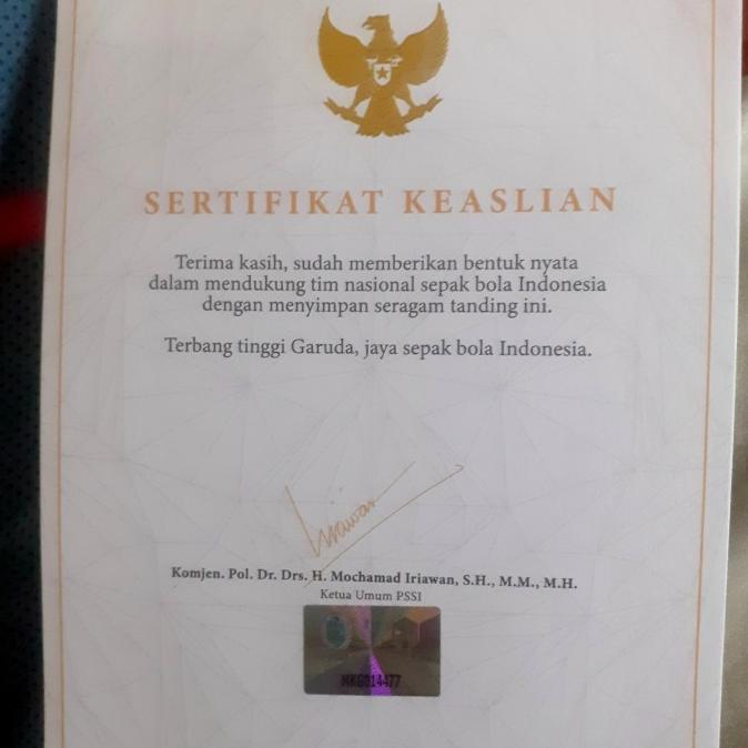 Terbaru Sertifikat Keaslian Jersey Timnas + Tanda Tangan Komjen Pol Iriawan