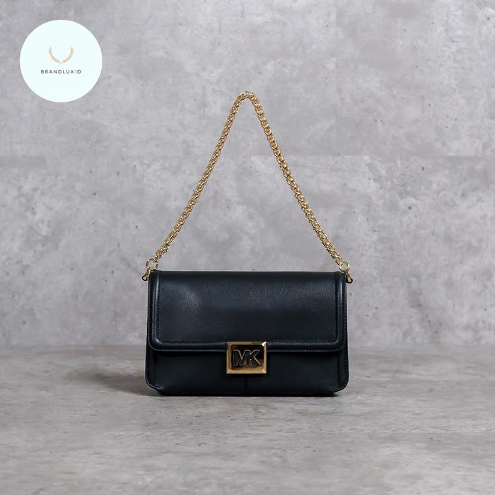 Brandluxid MK Outline Gold Buckle Flap Chain Shoulder Bag in Black