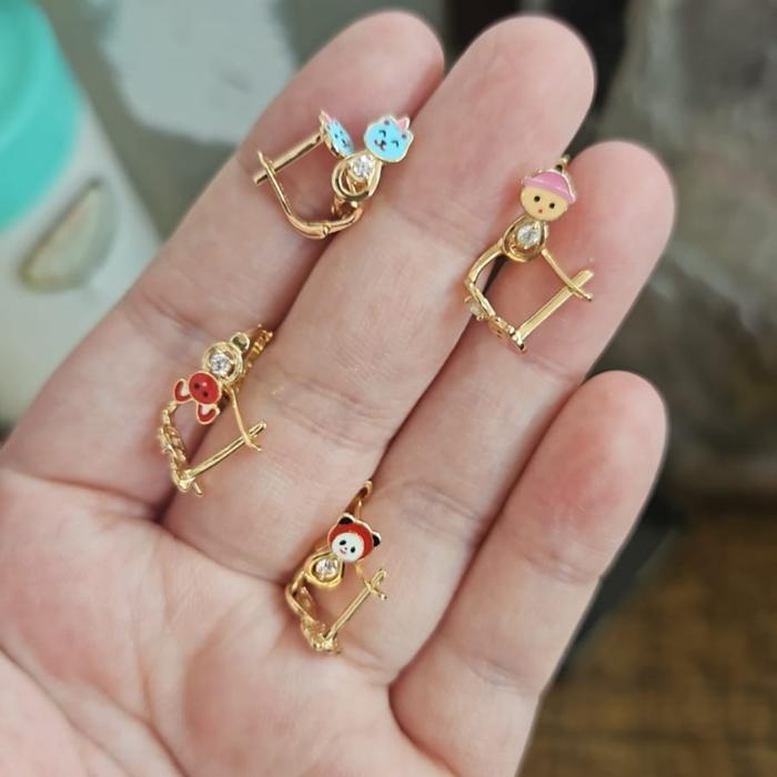anting jepit anak karakter winnie the pooh pink kelinci lucu emas asli