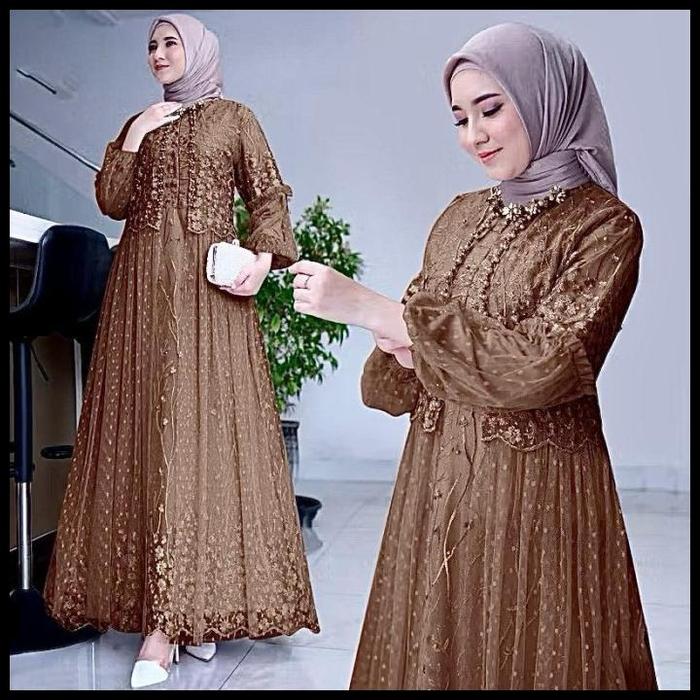 Terlaris Gamis felika pesta dress brukat tile dot LD 90 100 110 120 130 jumbo biru denim PS Best Sel
