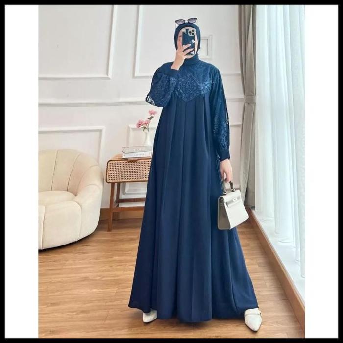 Terlaris Gamis Brukat Biru Dongker Dress Muslim Kondangan Wisuda Simple Aghnia Best Seller