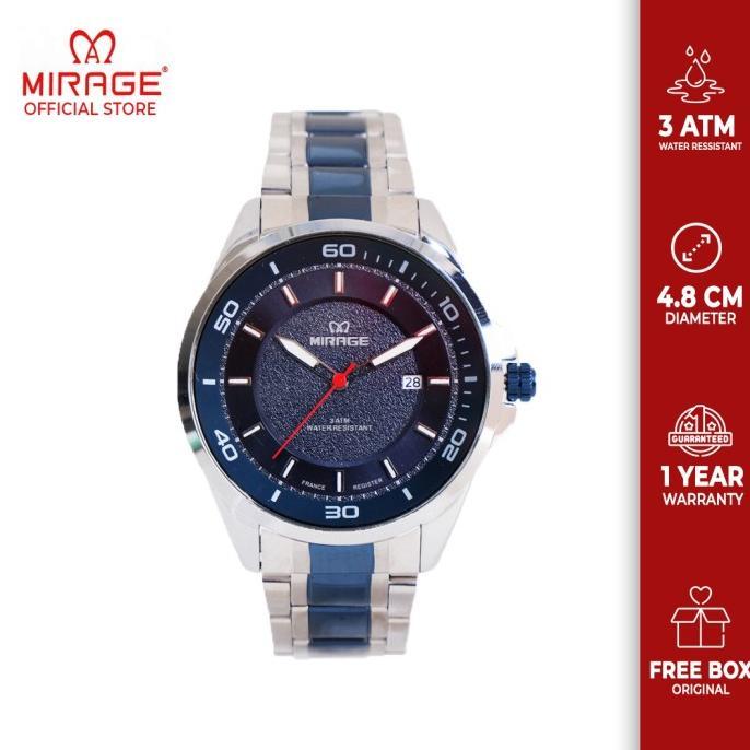 Mirage Jam Tangan Pria Kasual Fashion 8731M Silver List Navy Blue Biru