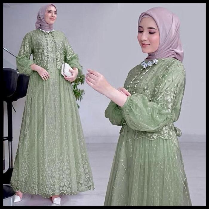 Terlaris Gamis felika pesta dress brukat tile dot LD 90 100 110 120 130 jumbo ungu lilac aurel PS Be