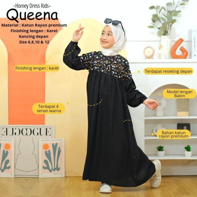 New Gamis Anak Motif / Homey Dress Queena Kids Bahan Rayon Premium