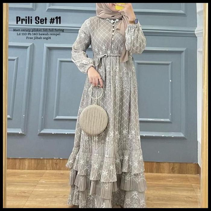 Terlaris Baju Gamis Wanita Muslim Prili Set Jilbab Dress Ceruti Plisket Fashion Perempuan Dewasa Rem