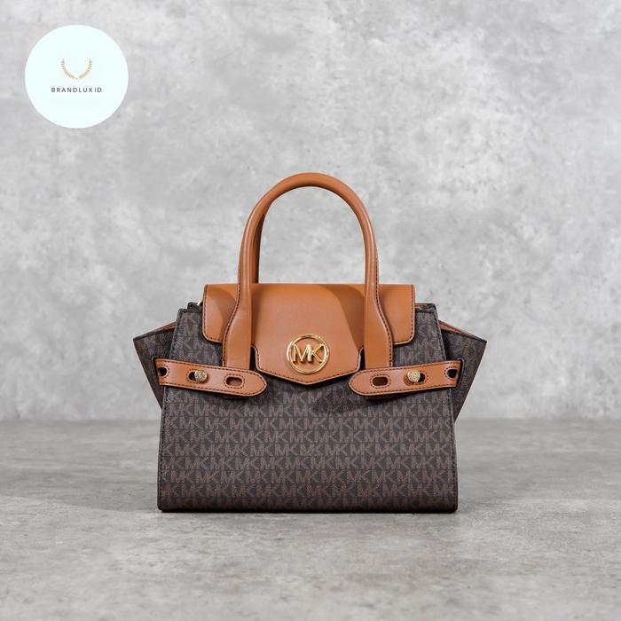 Brandluxid MK Monogram Gold Camel Lace Satchel Bag with Long Strap in Dark Brown