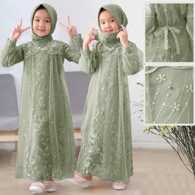 Gamis Anak Eliana Kids 3 - 16 Thn Brukat Tile Dot Hijau Sage Ps