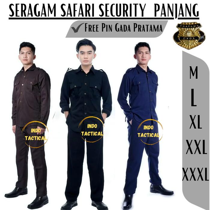 PAKET BAJU SAFARI FREE PIN GADA PRATAMA SAFARI PANJANG SATPAM SAFARI SECURITY HITAM SAFARI COKLAT BE