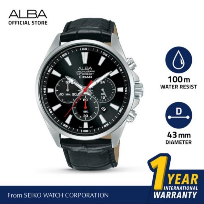 JAM TANGAN PRIA ALBA AT3G59X1 / AT3G59 / AT3G59X ANALOG QUARTZ CHRONOGRAPH BLACK DIAL LEATHER BLACK