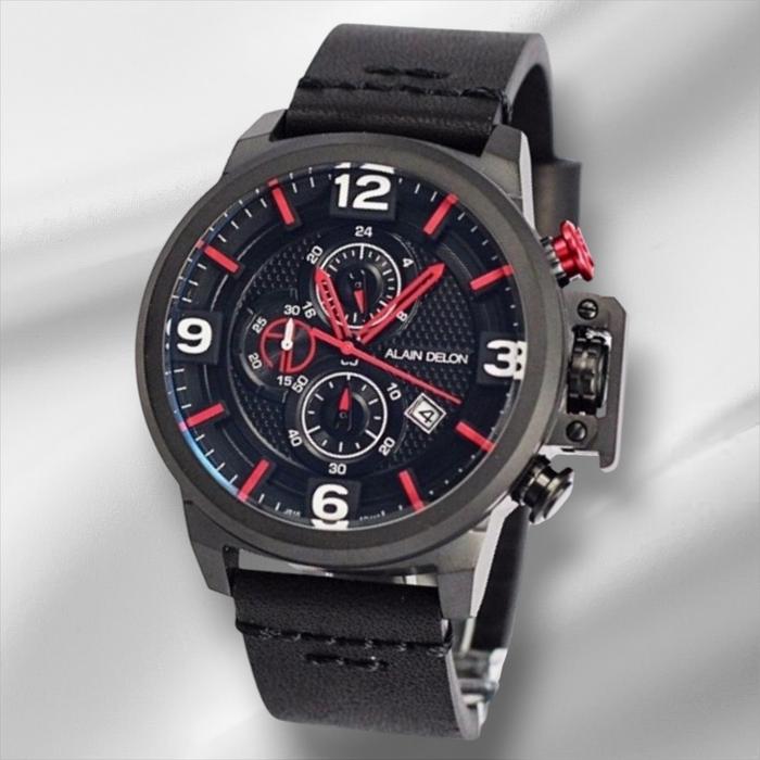 Alain Delon AD419-1765C black jarum merah chrono pria original