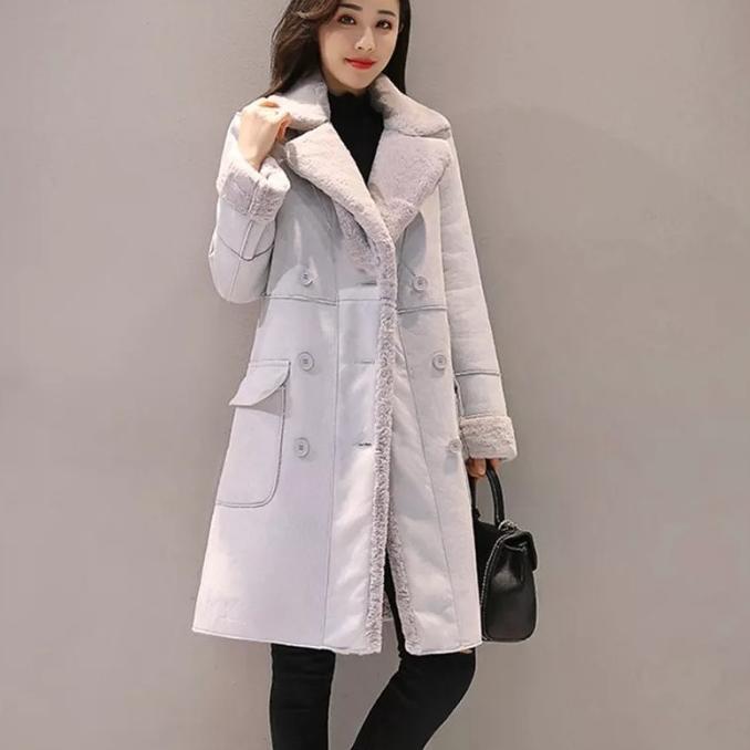 [DenimShoop] Coat Bulu Korea bahan Suede Wanita untuk Winter