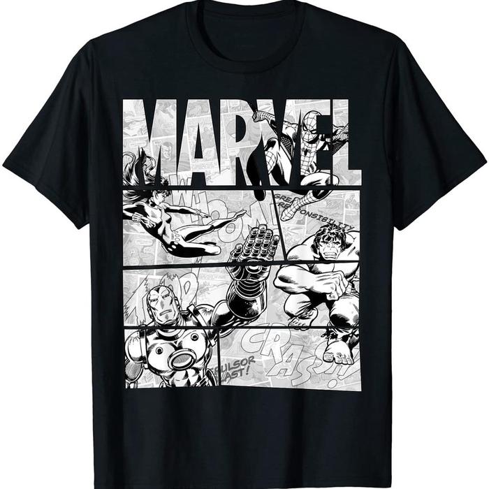 Baju Kaos Marvel Avengers Retro Black And White Comic Graphic T-Shirt - Baju - Kaos - Baju Kaos - Ba