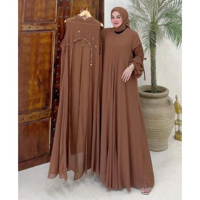 Premium Gamis 2025 Model Gamis Terbaru Elona Set Dress Gamis Burgundy 2025 Outer Wanita Kondangan Ga