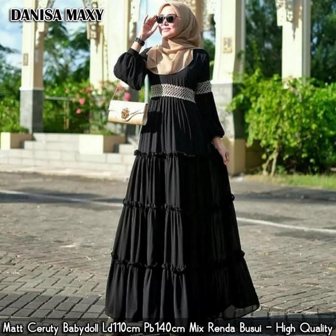 Baju Gamis Wanita Muslim Danisa Maxy Dress Ceruty Babydoll Hitam Modis