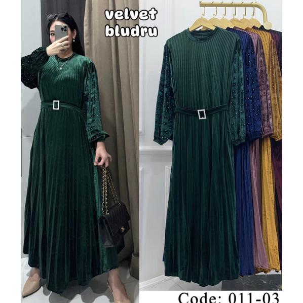 (STORE LADIES) Gamis Bludru Velvet Premium / Gamis Plisket Free Belt Mewah Lebaran