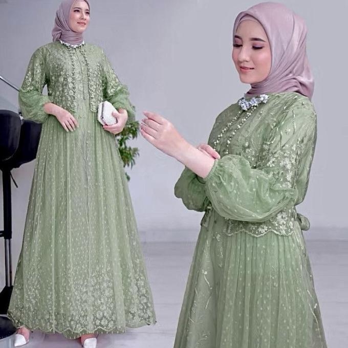 Gamis felika pesta dress brukat tile dot LD 90 100 110 120 130 jumbo biru denim PS