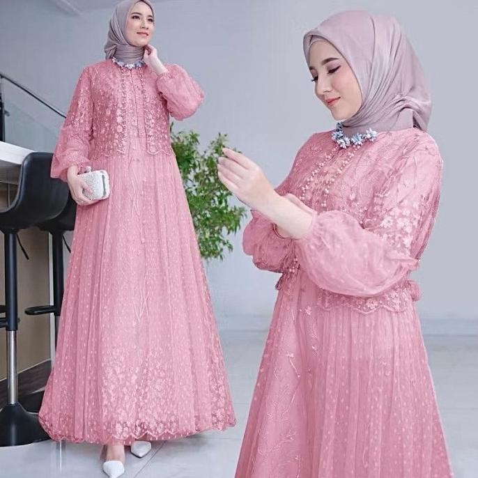 Gamis felika pesta dress brukat tile dot LD 90 100 110 120 130 jumbo ungu lilac aurel PS