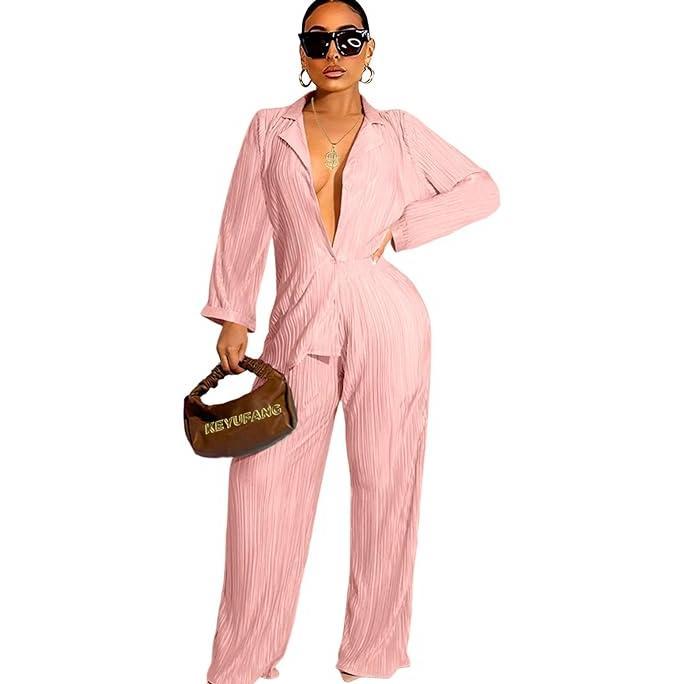 Tfit 2 Potong Wanita 90S Kasual Boho Trendi Kemeja Muse Celana Kaki Lebar Setelan Berlipat Harian So