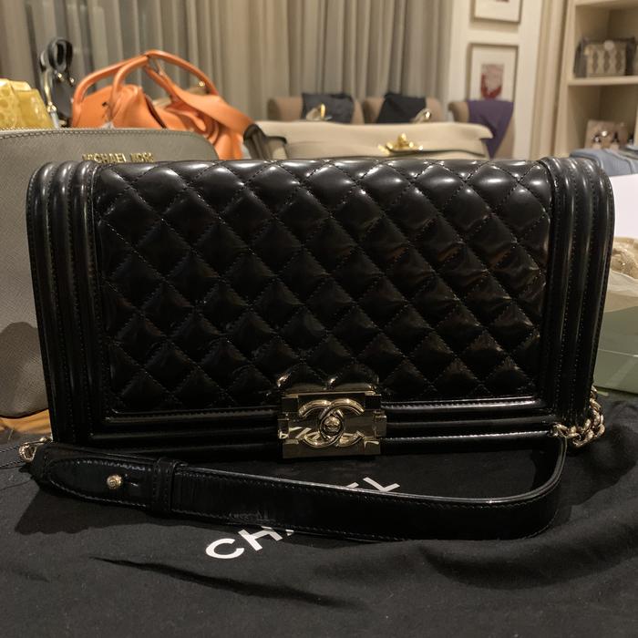 CHANEL Matelasse Boy Chanel Chain Shoulder Bag Patent Leather Black Silver