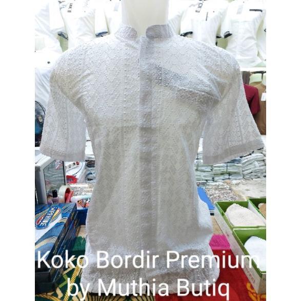 Baju Koko Putih Lengan Pendek, Bahan Katun Bordir by Muthia Butiq ( MB ).