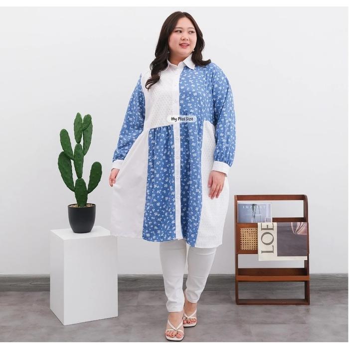 OVERSIZE TUNIK WANITA MOTIF FLORAL CRINCKLE MIX BROKAT LD 125-LD 145CM.