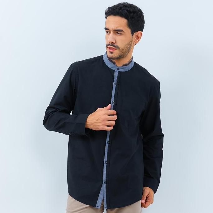 Muslim Emba Denim - Ammar One Kemeja Koko Pria Lengan Panjang Katun Regular Fit Baju Hitam New 100% 