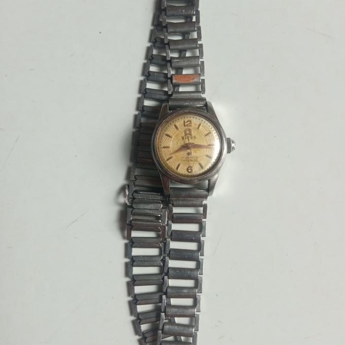 jam tangan cewe mekanik Titus, vintage manual, staindles steel, strap rantai tangga jadul