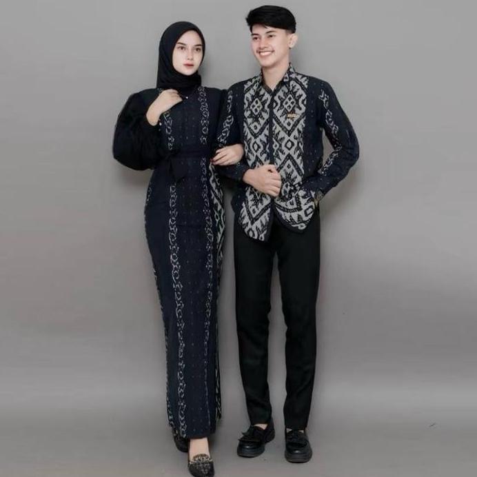 Ifra.Cltn Baju Couple Tenun Premium Padma Black Series - Hitam Kemeja Dress Panjang Wanita Tali Ping