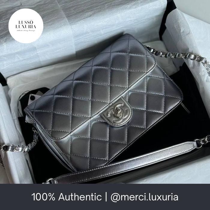 AUTHENTIC ORI | Chanel Small Flapbag Iridescent Classic Platinum Silver SHW Grey Zipper