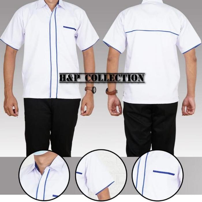 Termurah Enzino Kemeja Seragam Kerja Ep-02 Kemeja Putih Lis Hitam / Kemeja Putih Lis biru / Kemeja P