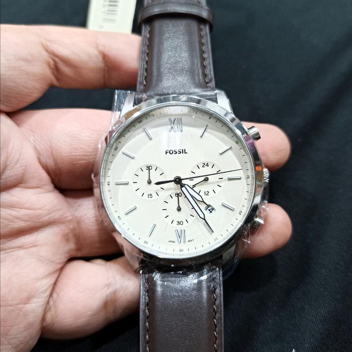 Jam Tangan Pria FL Ne*tra FS5380 Chronograph Cream Dial Silver Dark Brown Leather