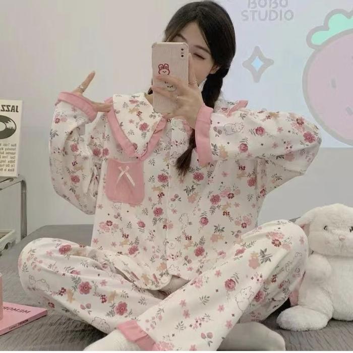 PIYAMA IMPORT KERAH KOREA PP KANCING SUPER PREMIUM RABBIT PINK