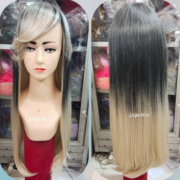 Wig Rambut Lurus Panjang Poni Samping Warna Ombre Blonde