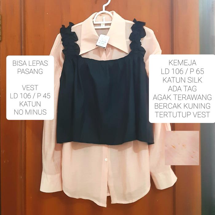 Preloved 1 set kemeja vest rufle rempel imut lepas pasang setelan atasan rompi katun warna hitam sal