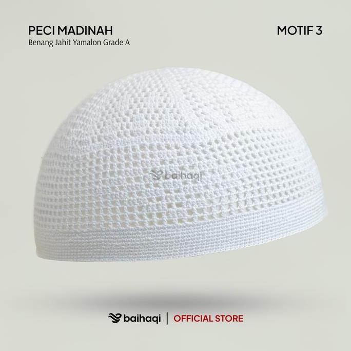 BAIHAQI - Peci Madinah Bahan Benang Jahit Yamalo Handmade | Peci Haji Putih | Peci Rajut Dewasa