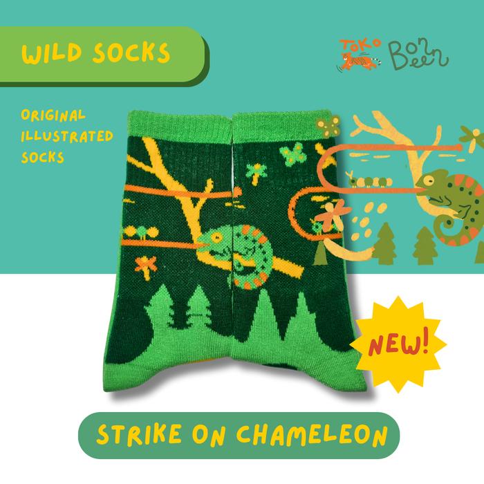 [Toko Bonbeen] Illustrated Animal Socks - Strike on Chameleon - Kaus Kaki Unisex One Size tema binat