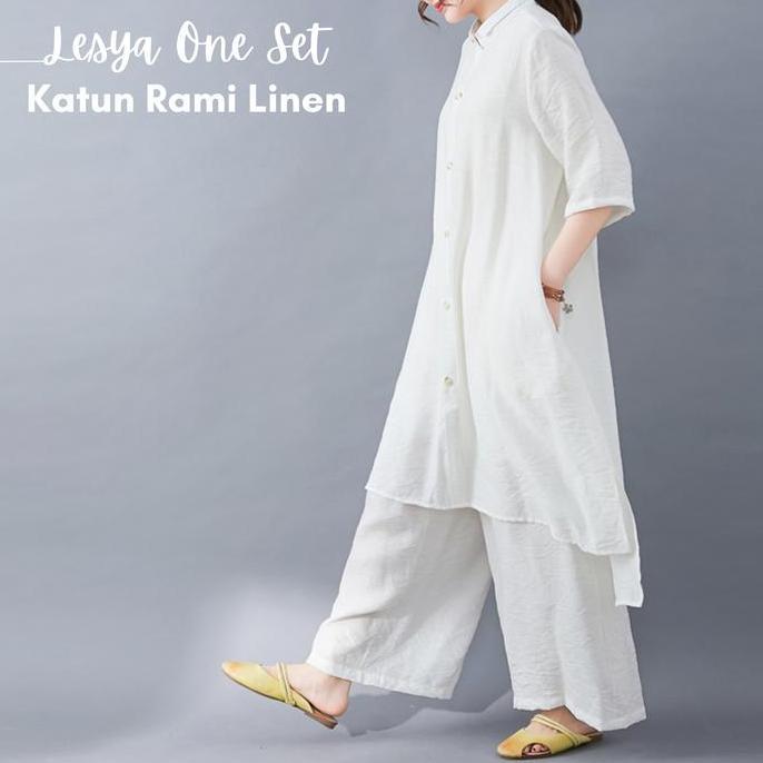Lesya Setelan Wanita One Set Jumbo Atasan Tunik Dan Celana Kulot Bahan Katun Linen Rami Daily Set Ke