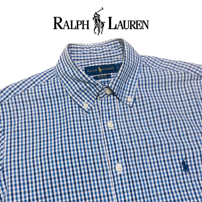 Ralph Lauren. Kemeja Katun Seersucker Lengan Pendek Motif Kotak. Thrift & Preloved