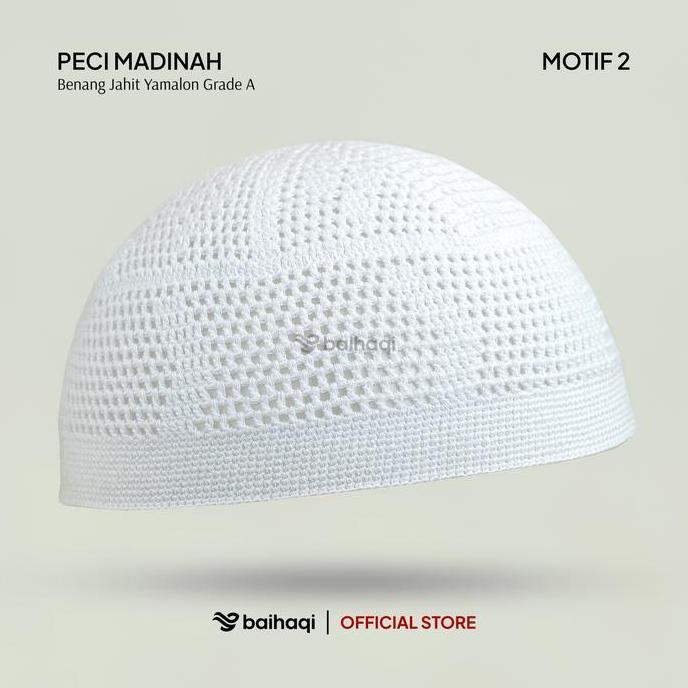 BAIHAQI - Peci Madinah Bahan Benang Jahit Yamalo Handmade | Peci Haji Putih | Peci Rajut Dewasa