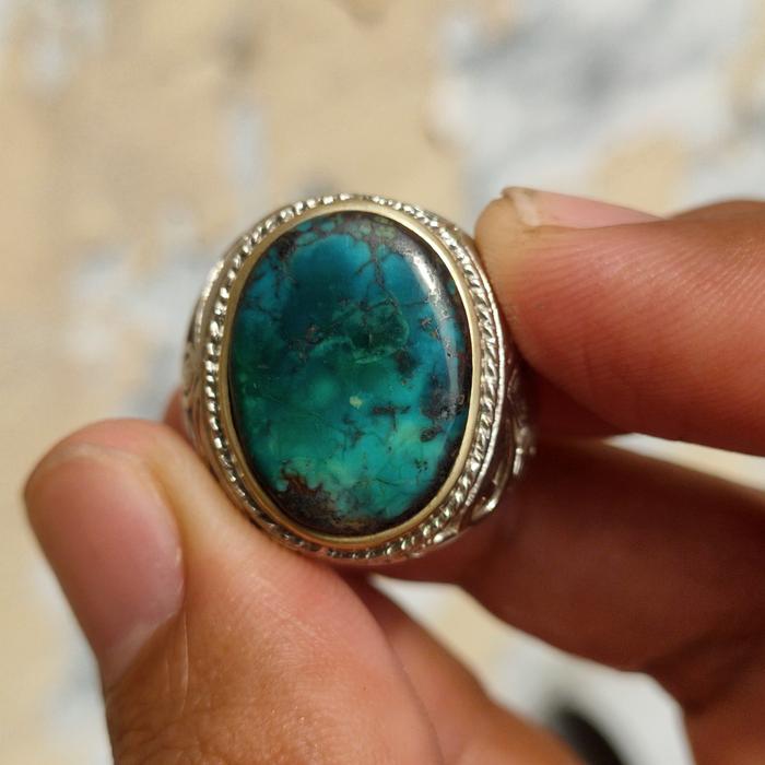 Cincin Batu Akik Pirus Persia Iran Multi Dwi Color Warna Gradasi Biru Royal Blue Fancy Panci Hijau T