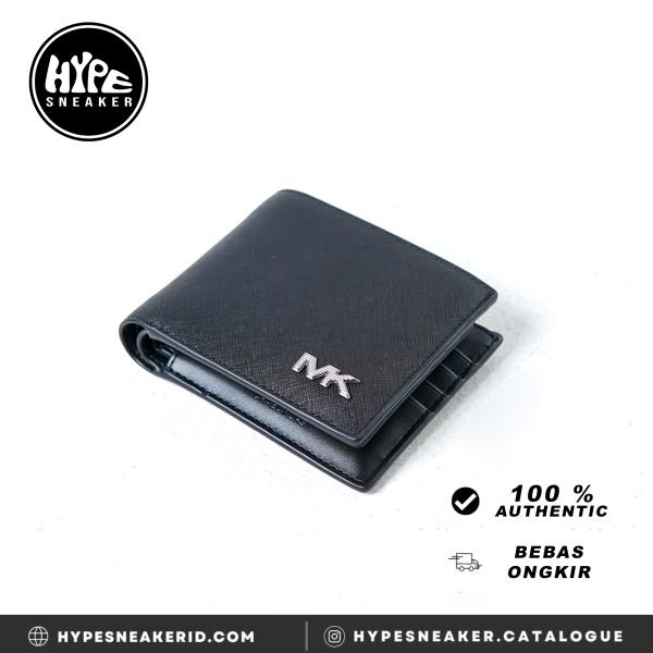 Dompet MICHAEL KORS MK SIDE SILVER BLACK PLAIN LEATHER WALLET WITH CARD HOLDER 100% ORIGINAL
