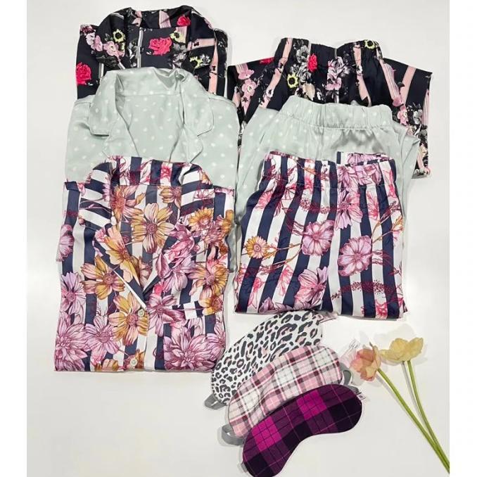 Set Piyama Lengan & Celana Panjang Victoria Secret Satin Pajamas Polos
