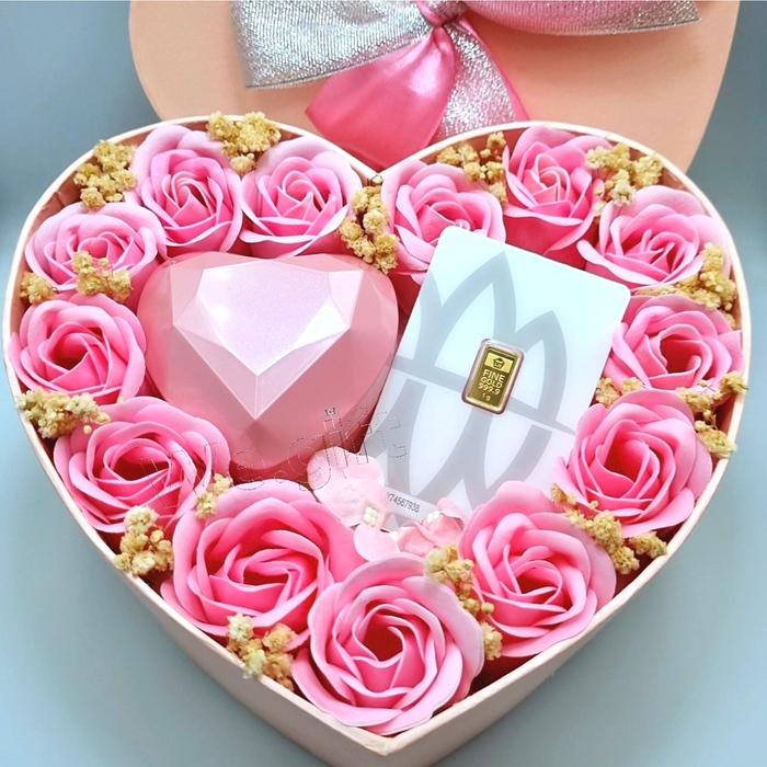 BBSR1KS Bloom Box Emas LM Antam 1gr, Kalung Silver 925 & Mawar Sabun Kado Romantis Hampers Ultah, An
