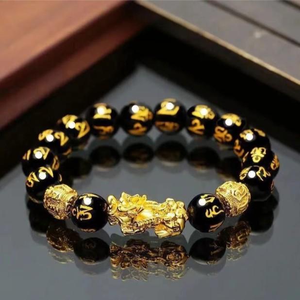 Gelang Fashion Retro Gelang Feng Shui Obsidian Emas Hitam Pria Wanita Netral Imitasi Obsidian Gelang