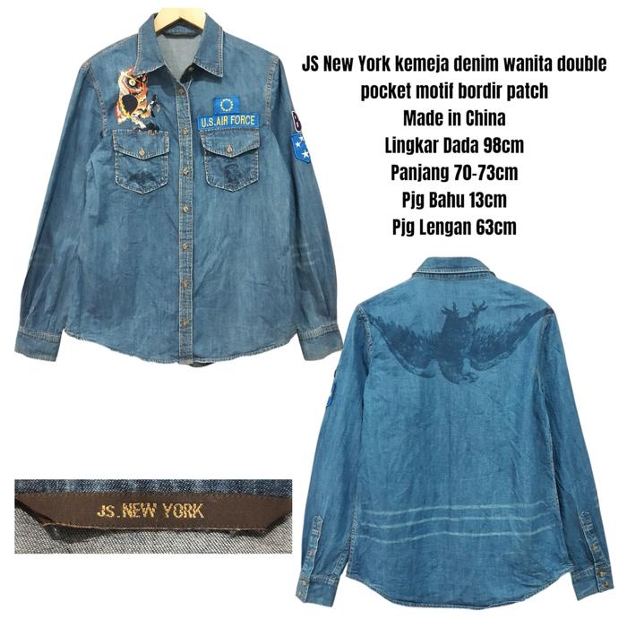 JS New York kemeja denim wanita double pocket motif bordir patch