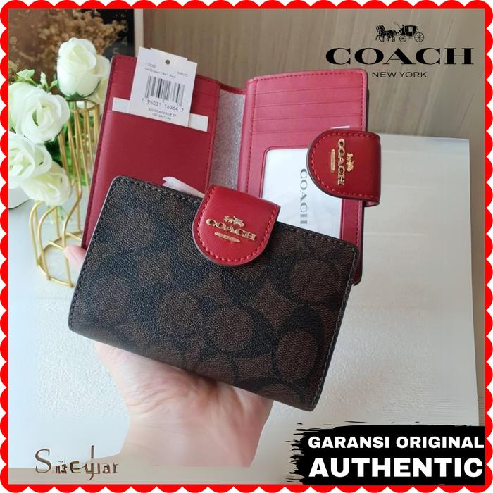 Dompet Coach Wanita Medium Corner Zip Wallet Red Brown Original Store Branded Authentic