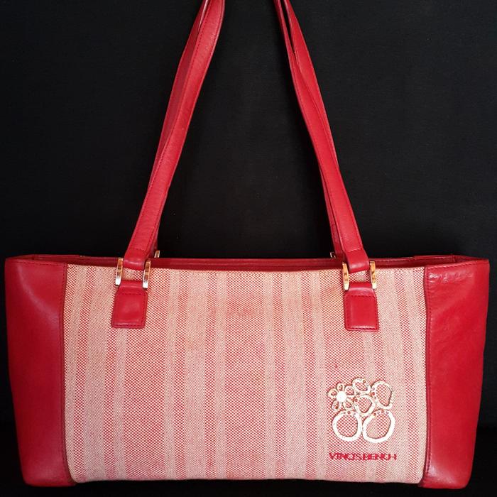 Tas Vincis Bench Shoulder Bag Kanvas Mix Kulit Asli Merah Wanita