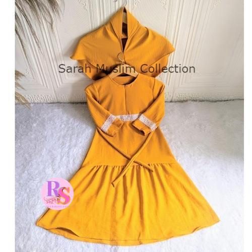 Gamis anak perempuan set kerudung warna peach usia 2-10 tahun warna peach variasi renda bahan crinkl